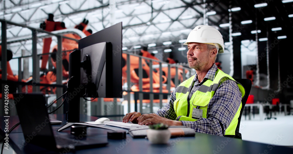 Poster engineer using pc in car factory