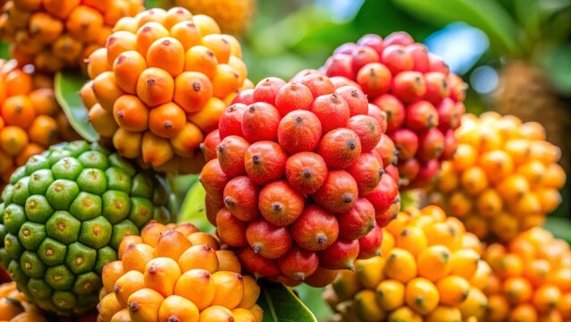 Close-up of the fresh round fruits of the cuna de moises plant with a blurred background.