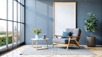 Japandi, minimalist interior design of modern living room with accent armchair and grey mock up wall with copy space.
