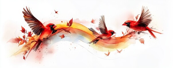 Naklejka premium Watercolor birds flying over a rainbow, freedom and happiness in nature