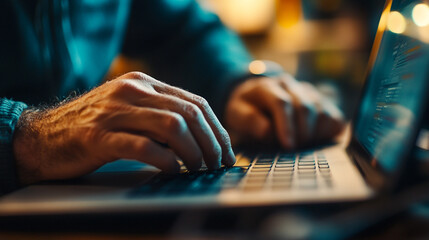 A person types on a laptop in a dimly lit room, late at night, focusing on work while surrounded by a cozy atmosphere