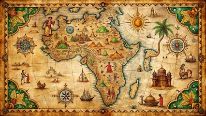 Naklejka premium Illustrated ancient Indian map on parchment, depicting intricate borders, mythological creatures, and historical