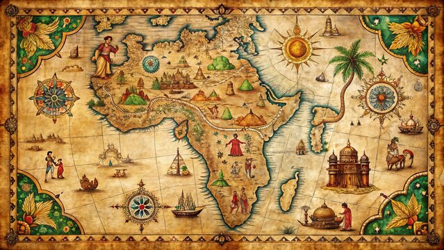 Illustrated ancient Indian map on parchment, depicting intricate borders, mythological creatures, and historical