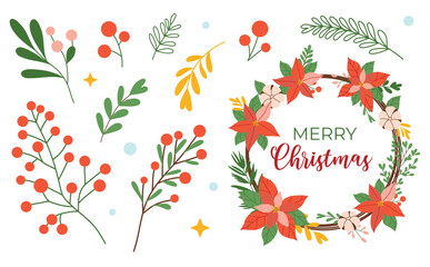 Christmas decoration elements set, berries, flowers, leaves, stars, isolated on white background. Vector illustration, flat style