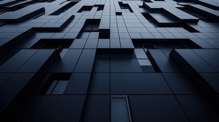 Abstract dark grey geometric pattern of a building facade with offset rectangular blocks.