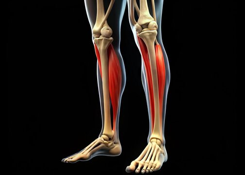 Illustration of the fibularis longus muscle, a lateral lower leg muscle, highlighted in red, with surrounding bones and