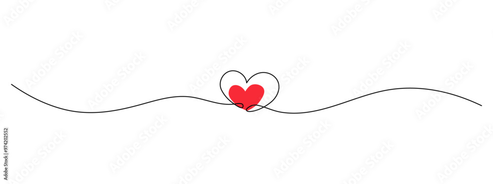 Poster Continuous linear drawing two hearts with red color love symbol isolated on transparent background. Black ribbon Valentine's Day symbol in simple linear style. Editable stroke. Vector 