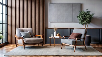 Japandi, minimalist interior design of modern living room with accent armchair and grey mock up wall with copy space.
