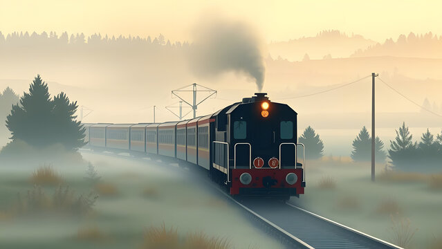Train chugging through foggy landscape at dawn near quiet countryside