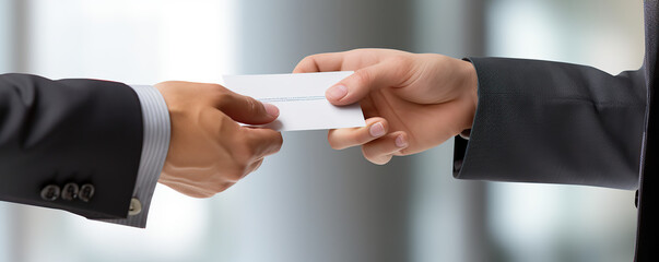 Two business professionals exchanging a business card in a modern office setting during a networking event