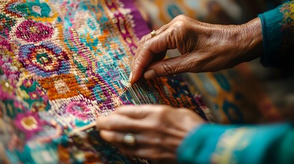 Obraz premium Nepalese Handicrafts: A close-up of a Nepalese artisan’s hands weaving a traditional rug, with intricate patterns and bright colors highlighting the craftsmanship. 