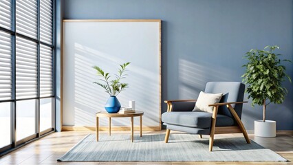 Japandi, minimalist interior design of modern living room with accent armchair and grey mock up wall with copy space.
