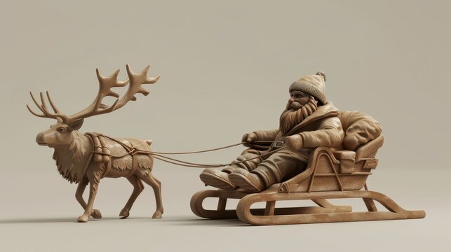 Wooden Santa's Sleigh Ride: A whimsical wooden carving of Santa Claus in his sleigh, pulled by a loyal reindeer, evokes the magic of Christmas, 3D illustration