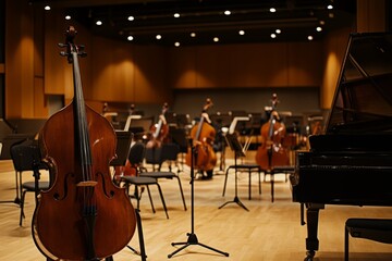 A stunning view of a concert hall ready for a symphony. Instruments are set. Chairs are lined up. A warm ambiance fills the scene. Perfect for musical themes. Generative AI