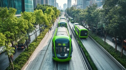 A green transport system in a modern city with electric vehicles,