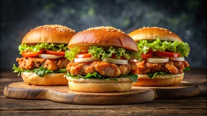 Low angle front view of three appetizing chicken beef and shrimp burgers on buns