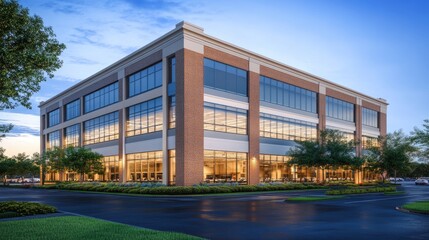 Fototapeta premium Modern brick office building with large windows, set against a blue sky with clouds.