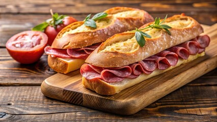 Freshly baked brotchen baguettes topped with salami and ham on a wooden board with text space