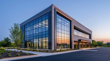 Obraz premium Modern glass and concrete office building with a sunset reflection in the windows.