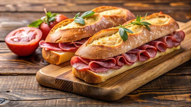 Freshly baked brotchen baguettes topped with salami and ham on a wooden board with text space