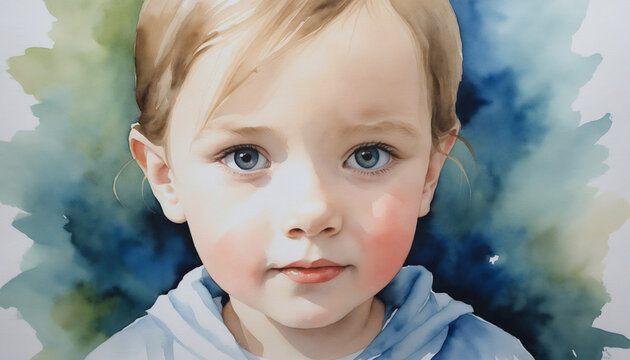 Aquarelle carte postale pastel doux enfant b&eacute;b&eacute; bambin naissance faire-part bapt&ecirc;me regard visage portrait.