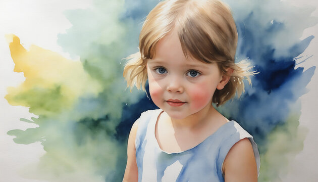 Aquarelle carte postale pastel doux enfant b&eacute;b&eacute; bambin naissance faire-part bapt&ecirc;me regard visage portrait.