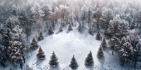 Winter Wonderland: A bird's eye view of a serene winter forest, showcasing a circle of snow-covered trees with a blanket of white,  creating a tranquil and magical scene. 