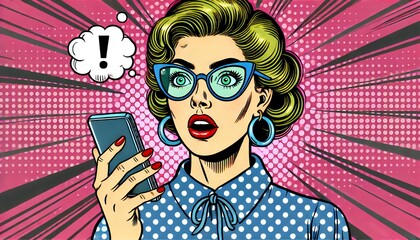 アメリカンコミック風の女性がスマホを持って驚く