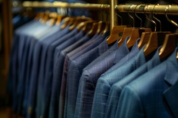 Fototapeta premium Discover a collection of elegant blue suits hanging elegantly on wooden hangers. Each suit presents a unique texture and design. Perfect for formal occasions. Generative AI