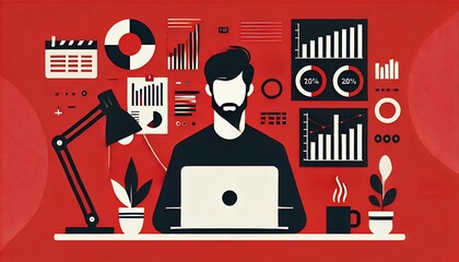 赤背景でパソコンする男性のシルエット