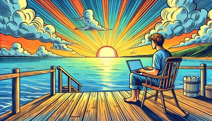 海辺でパソコンを使う人