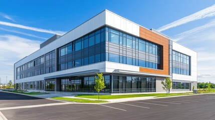 Fototapeta premium Modern office building with glass facade and wood accents.