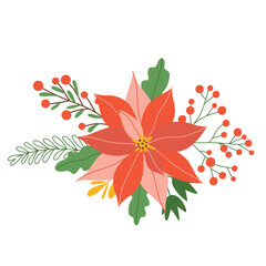 Winter red poinsettia flower with leaves and berries, christmas star isolated on white background. Vector illustration, flat style