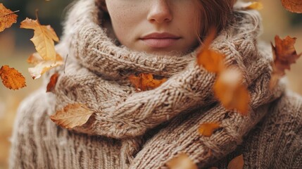 Comfy sweater weather, person wrapped in thick knitwear with autumn leaves falling, Sweater Weather, seasonal coziness