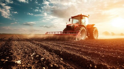 Fototapeta premium Red tractor working a field at sunset, with a dramatic sky and golden light.