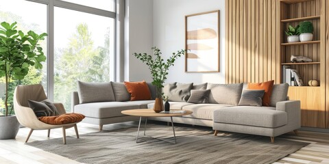 Stylish Scandinavian interior design in a modern living room with a focus on simplicity, functionality, and natural materials.