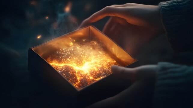 Surprise Gift Box Reveal: A pair of hands opening a mysterious gift box, with a glowing light emanating from inside.
