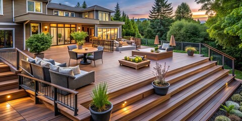 Expansive multi-tiered deck crafted with durable composite materials, offering a luxurious outdoor living space for