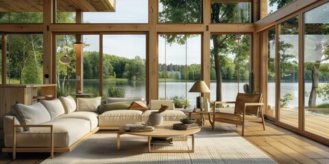Fototapeta premium Warm and inviting living room with vintage wooden furniture, positioned near a lake