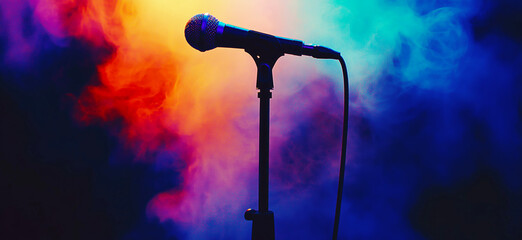 Obraz premium Microphone standing on an empty stage with colorful light and smoke. Mic on a stage