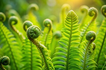 Lush green ferns unfurl delicate curves, soft focus background blurs, highlighting the intricate textures and veins of