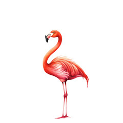 Fototapeta premium A vibrant pink flamingo standing gracefully, showcasing its long neck and legs in a colorful, tropical setting.