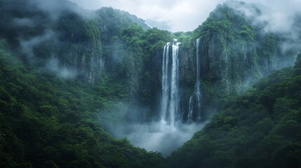 Fototapeta premium Serene Waterfall Retreat in Lush Green Forest - Tranquil Nature Landscape with Misty Cascade