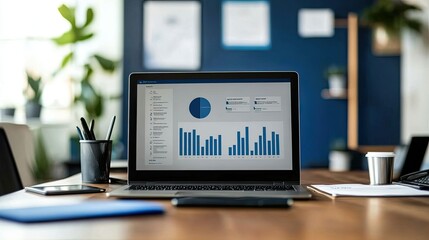 A laptop with a data analysis graph on its screen is on a table in a modern office with a cell phone, papers, pens, and a coffee cup.