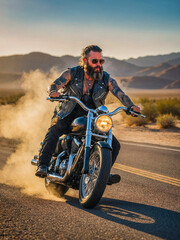 A dynamic image of a tattooed bearded biker riding his motorcycle on a desert road at sunset. Dressed in a leather vest and sunglasses, the rider exudes toughness as he kicks up dust.