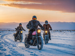 Obraz premium A powerful scene of three bikers riding their motorcycles through the snow on a winding road at sunset. Dressed in leather jackets and helmets, the riders confidently navigate the challenging terrain.