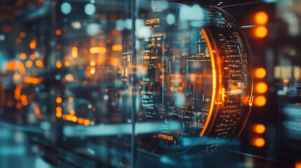 Obraz premium A futuristic digital data center with glowing orange interfaces and intricate technology during a high-tech innovation showcase