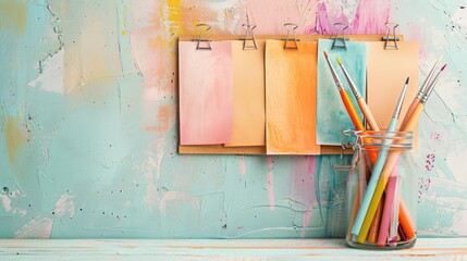 Colorful sticky notes cover a bulletin board with a jar of vibrant markers, setting a lively and tidy workspace.