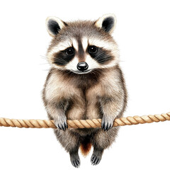 Obraz premium Adorable raccoon hanging on a rope, showcasing its playful and curious nature with expressive eyes and fuzzy fur.