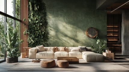 Green living spaces with organic materials and earthy tones,